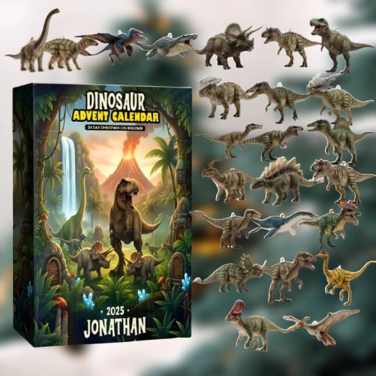 Discover Personalized Dinosaur Advent Calendar 2025 with 24 Acrylic Dino Ornaments, Christmas Countdown Gift for Kids, Prehistoric Holiday Decor