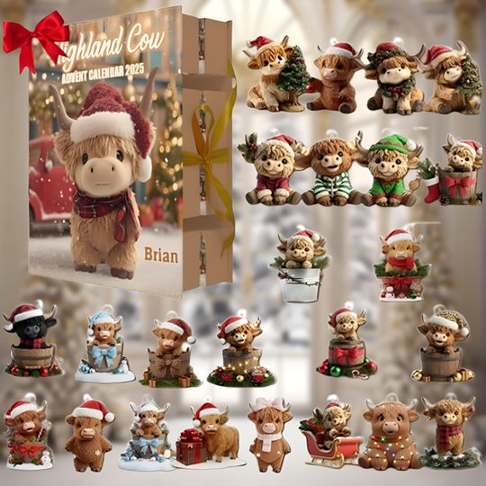 Discover Personalized Highland Cow Advent Calendar, Cute X-Mas Countdown Book with Ornaments, Farmhouse Cow Holiday Gift, Rustic Country Xmas Decor