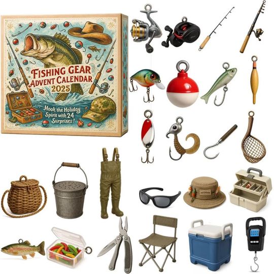 Discover Fishing Gear Advent Calendar 2025, 24-Day Christmas Countdown Box, Fisherman Gift Set with Lures & Accessories, Xmas and Holiday Gift