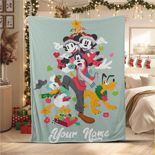 Discover Personalized Christmas Mickey & Friends Fleece Blanket for Kids, Custom Name Gift