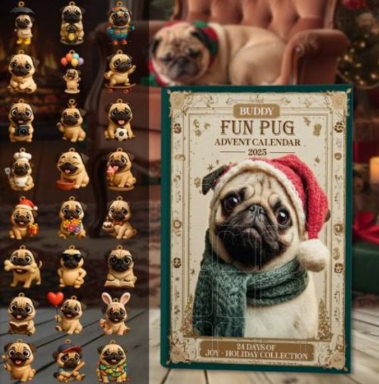Discover Personalized Pug Dog Advent Calendar, Custom Christmas Countdown with Ornaments, Cute Holiday Gift for Pug Lovers, Fun Pet Xmas Decoration