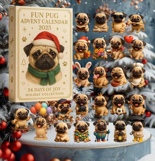 Discover Cute Pug Christmas Advent 2025, 24 Days Pug Dog 2D Acrylic Ornament, Funny Puppy Figurines, Dog Lover Christmas Gift, Xmas Gifts To Pug Dog