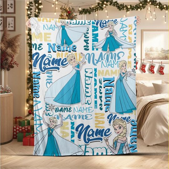 Custom Name Christmas Fleece Blanket - Princess Elsa, Personalized Mom and Kids Gift