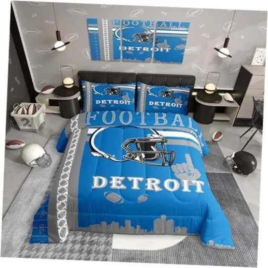 Discover Football Bedding Set Boys Girls Size Detroit Comforter Set Queen Gray Blue