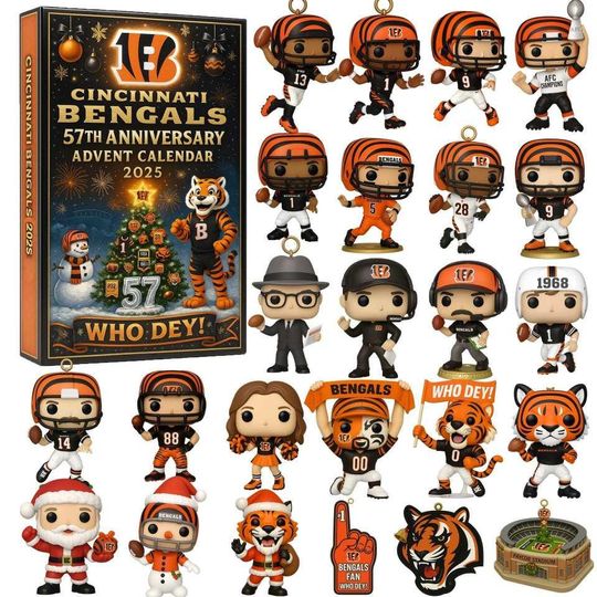Discover Cincinnati Bengals 57th Anniversary Advent Calendar 2025, Christmas Countdown Advent Calendar Gift Box With 24 Acrylic Ornaments