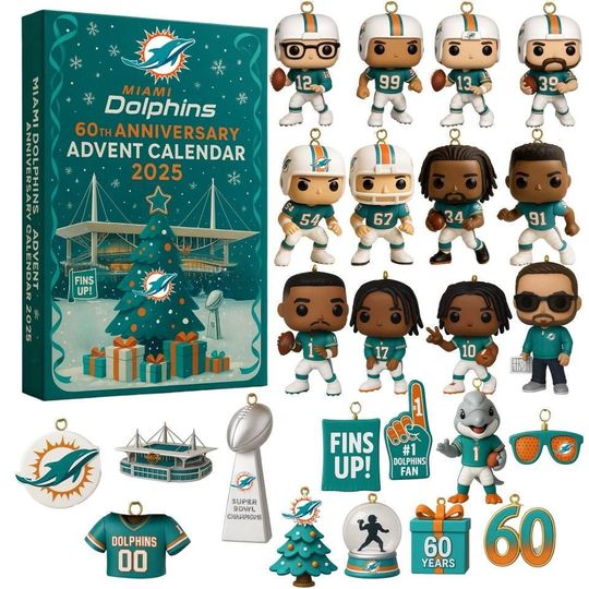 Miami Dolphins 60th Anniversary Advent Calendar 2025, Christmas Countdown Advent Calendar Gift Box With 24 Acrylic Ornaments