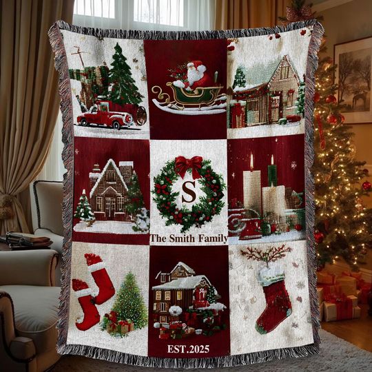 Discover Personalized Christmas Woven Blanket, Custom Family Name Holiday Throw, Red Green Tapestry Blanket Gift for Home Decor, Christmas Home Decor