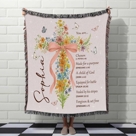Discover Custom Floral Bow Cross Woven Blanket for Baptism, Christian Faith Gift for Girl