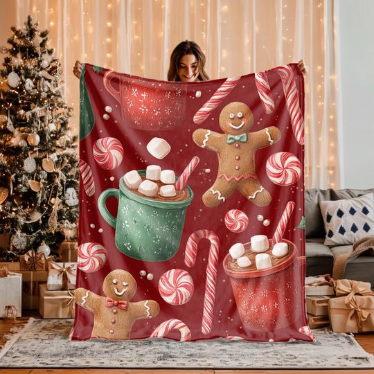 Discover Gingerbread Men & Hot Cocoa Velveteen Plush Sherpa Blanket Red Christmas Candy Throw