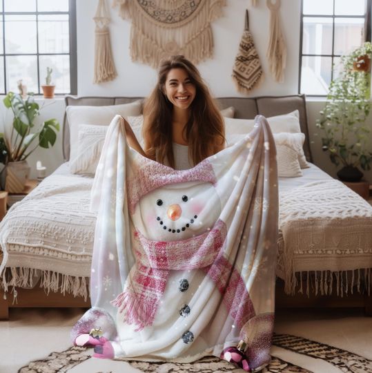 Discover Pink & White Snowman Sherpa Fleece Blanket - Cozy Christmas Throw for Holiday Decor