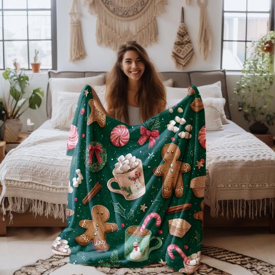 Discover Christmas Gingerbread and Hot Cocoa Fleece Blanket with Velveteen Plush or Sherpa Throw, Cozy Holiday Green Peppermint Cookie Decor