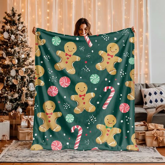 Discover Gingerbread Candy Cane Christmas Fleece Blanket Sherpa Cozy Holiday Throw