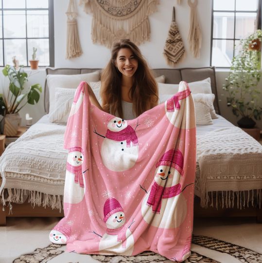 Discover Pink Snowman Fleece Blanket - Christmas Velveteen Plush Sherpa Throw for Kids Holiday Cozy Decor