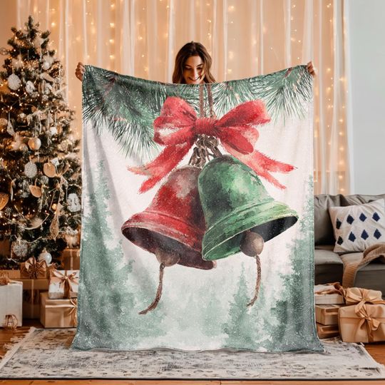Discover Vintage Christmas Bell Velveteen Plush or Sherpa Blanket Rustic Holiday Throw Cozy Winter Red Green Bow Pine Tree Art