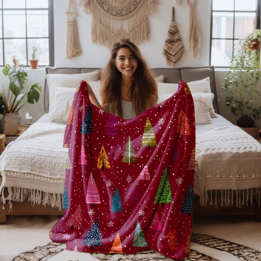 Discover Colorful Christmas Tree Pattern Fleece Blanket with Velveteen Plush or Sherpa Backing