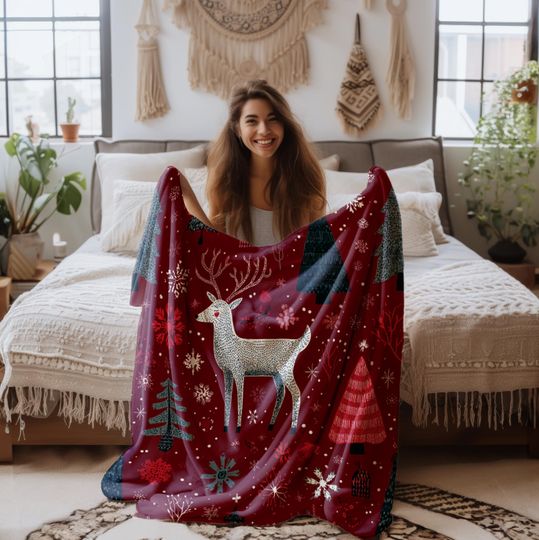 Discover Whimsical Christmas Deer Fleece Blanket Sherpa Throw Red Winter Holiday Rustic Decor Reindeer Snowflake Gift
