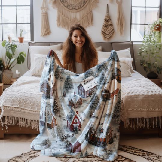 Discover Winter Village Scene Sherpa Fleece and Velveteen Plush Blanket for Christmas