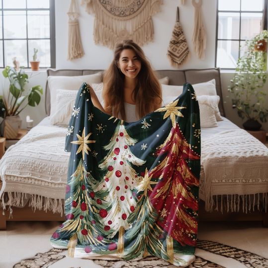 Discover Gold Star Christmas Tree Velvet Plush Sherpa Blanket - Cozy Holiday Acrylic Art Throw for Winter Decor