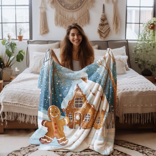 Discover Gingerbread Man & Cottage Fleece Blanket for Christmas Holiday Home Decor