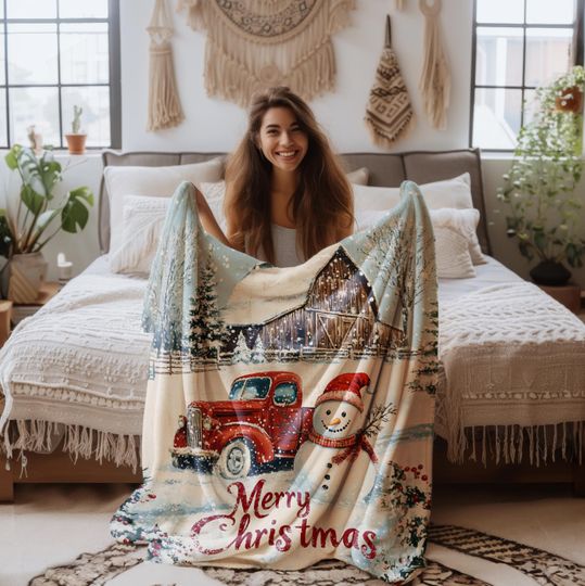 Discover Vintage Red Truck & Snowman Sherpa Fleece Blanket - Christmas Winter Cozy Throw