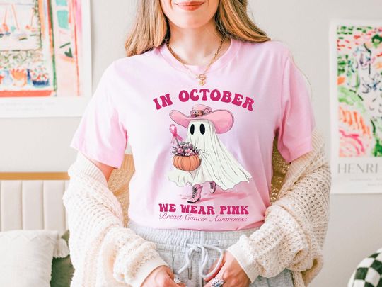 Discover In October We Wear Pink Ghost Shirt, Hallowen Ghost Shirt, Pink Ribbon Shirt, Breast Canser Awareness Shirt, We Wear Pink, Halloween Shirt