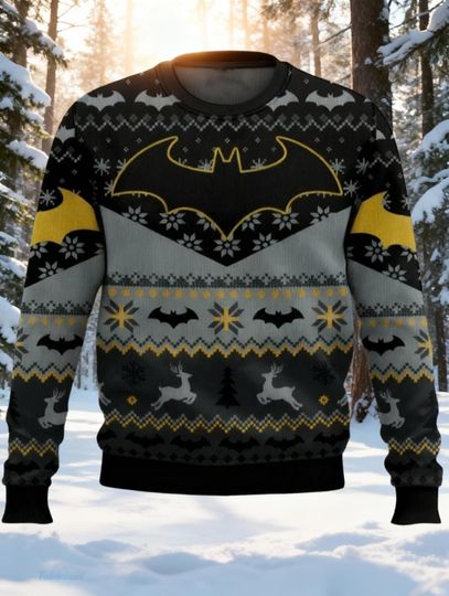 Discover Bat Signal Christmas Sweater, Gotham Hero Ugly Jumper, Dark Knight Xmas Gift, Comic Fan Holiday Knit, Black Yellow Hero Pullover