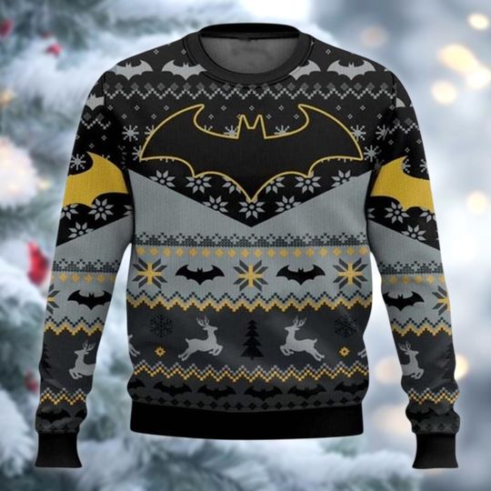Discover Superhero Logo Ugly Christmas Sweater, Dark Night Holiday Jumper, Bat Symbol Xmas Sweatshirt, Comic Fan Christmas Gift for Him