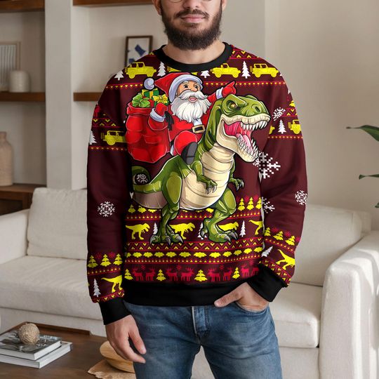 Funny Santa Riding Dinosaur Christmas Ugly Sweater, Funny Cartoon T Rex Ugly Xmas Sweatshirt, Funny Holiday Gift for Men Women Kids Party