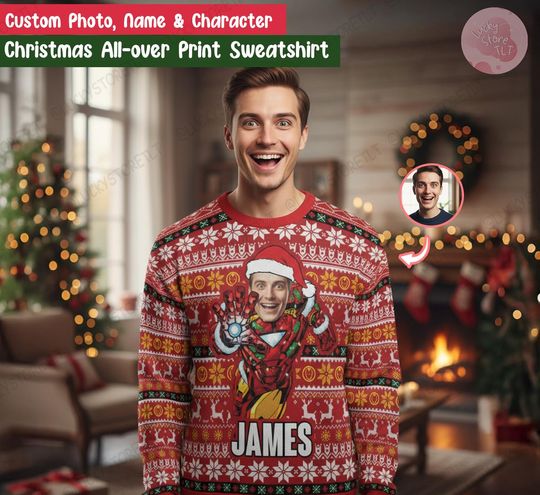 Discover Custom Disney Marvel Face Christmas Sweatshirt, Personalized Name & Character All Over Print Xmas Sweater, Funny Superhero Ugly Xmas Sweater