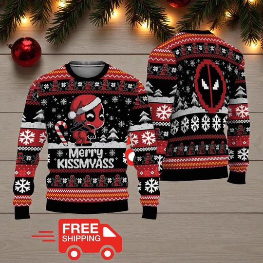 Deadpool Ugly Christmas Sweater, Chibi Santa Red-Black Fair-Isle, Marvel Antihero Fan Gift, Funny Xmas Party Jumper for Men & Women