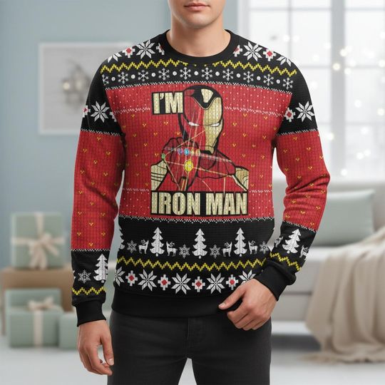 Iron Man Ugly Christmas Sweater, Marvel Hero Xmas Sweater, Superhero Ugly Sweater, Red Sweater, Christmas Gift