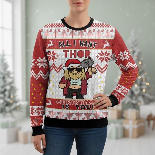 Thor Ugly Christmas Sweater, Marvel Xmas Sweater, Superhero Ugly Sweater, Red Holiday Sweater, Christmas Gift