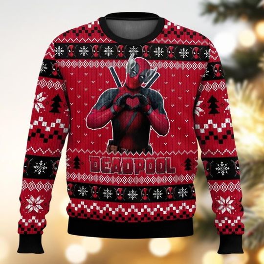 Discover Deadpool Ugly Christmas Sweater, Wade Wilson Christmas Sweater, Hero Santa Hat Holiday Sweater, Deadpool Movie Christmas, Vacation Gift