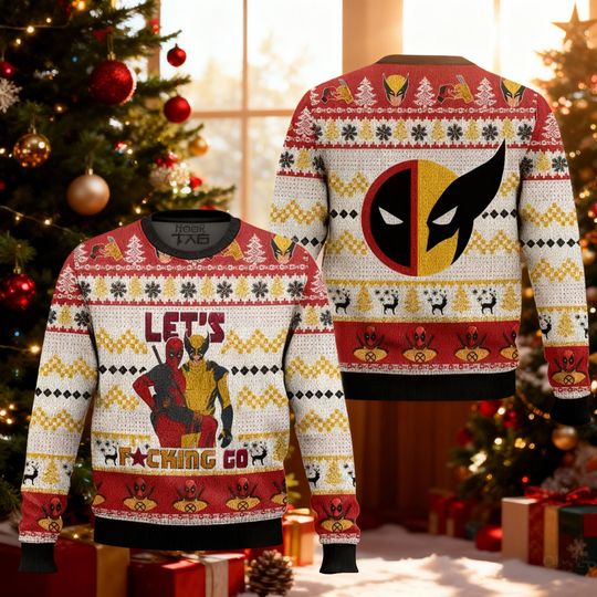 Discover Let's F*cking Go Funny Christmas Jumper, Red and Yellow Hero Sweater, Hero Inspired Gift, Comic Book Fan Holiday Party Shirt, Movie Inspired