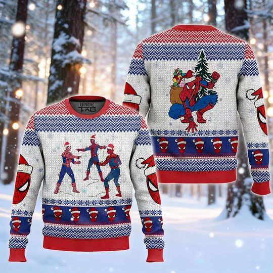 Spider Santa Funny Christmas Jumper, Hero Ugly Christmas Sweater, Marvel Fan Holiday Gift for Him, Christmas Comic Book Party Shirt