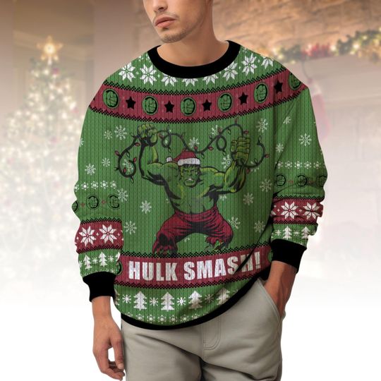 Hulk Ugly Christmas Sweater, Marvel Xmas Sweater, Superhero Ugly Sweater, Green Holiday Sweater, Christmas Gift