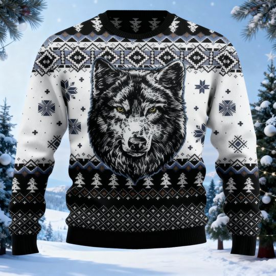 Retro Howling Wolf Sweater, Wolf Shirt, Grunge Animal Graphic, Ugly Christmas Sweater, Funny Ugly Christmas Sweater, Holiday Sweatshirt