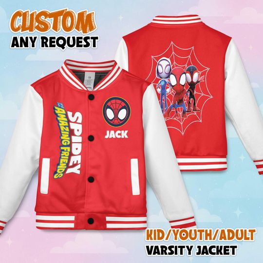 Personalized Spidey And His Amazing Friends Varsity Jacket, Spidey Baseball Jacket, Kids Youth Adult Spiderman Varsity Jacket