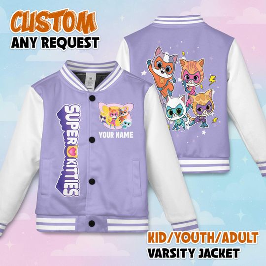 Personalized SuperKitties Varsity Jacket, SuperKitties Baseball Jacket, Kids Youth Adult Varsity Jacket