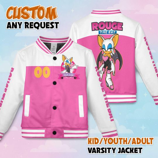 Personalized Rouge the Bat Varsity Jacket, Sonic the Hedgehog Baseball Jacket, Rouge the Bat Kids Youth Adult Varsity Jacket