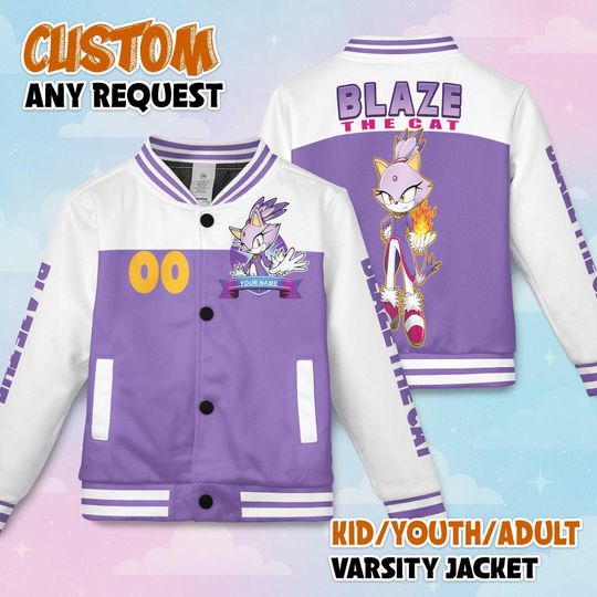 Personalized Blaze the Cat Varsity Jacket, Sonic the Hedgehog Baseball Jacket, Blaze the Cat Kids Youth Adult Varsity Jacket