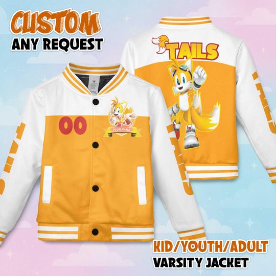 Discover Custom Tails Varsity Jacket, Personalized Sonic the Hedgehog Baseball Jacket, Sonic the Hedgehog Kids Youth Adult Varsity Jacket