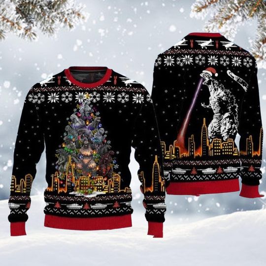 Monster City Destruction Christmas Sweater, Funny Kaiju Holiday Jumper, Black Ugly Xmas Pullover for Men Women, Giant Creature Gift