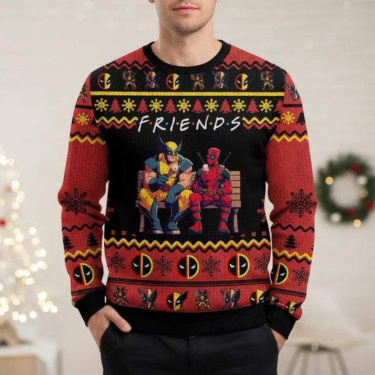 Marvel Ugly Christmas Sweater, Best Friends Xmas Sweater, Deadpool Wolverine Ugly Sweater, Superhero Sweater, Christmas Gift