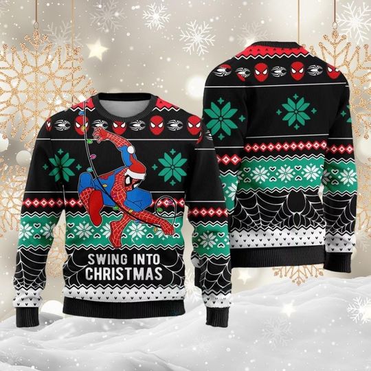 Discover Spiderman Ugly Christmas Sweater, Swing Into Christmas Sweater, Peter Parker Ugly Sweatshirt, Avengers Superhero Xmas Sweater
