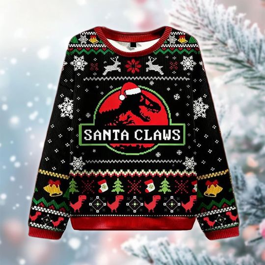 Santa Claws Dinosaur Christmas Sweater, Funny T-Rex Holiday Sweatshirt, Ugly Xmas Sweater for Men Women, Jurassic Gift Idea