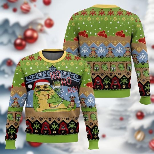Discover Jabbas Jolly Ho Ho Star Wars Ugly Christmas Sweater, Jabba The Hutt Holiday Sweater, Disney Movie Sweater For Men Women Kids, Xmas Gift