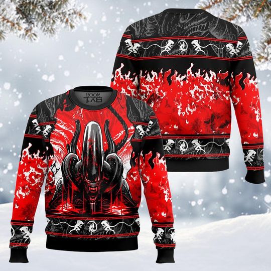 Dark Alien Horror Christmas Sweater, Gothic Sci-Fi Creature Pullover, Red Black Ugly Holiday Jumper for Men Women, Spooky Xmas Gift