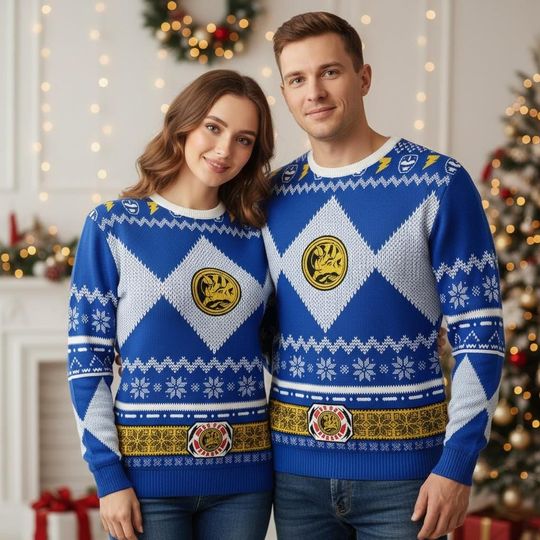 Discover Blue Ranger Ugly Christmas Sweater, Funny Superhero Xmas Sweater for Couple, Geeky Retro Holiday Knit Pullover, Christmas Gift