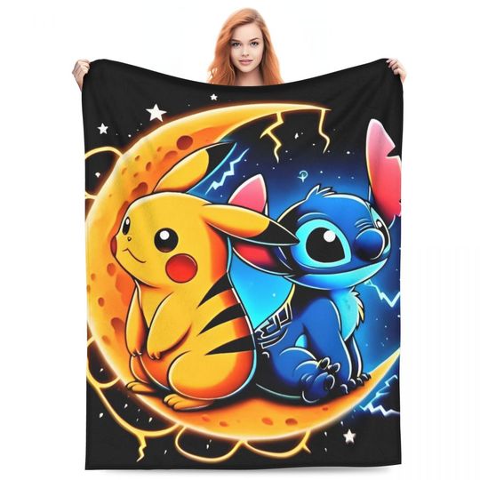 Discover Pika And Stitch Anime Blanket Quality Warm Throw Blanket Winter Travel Office Outdoor Novelty Bedspread